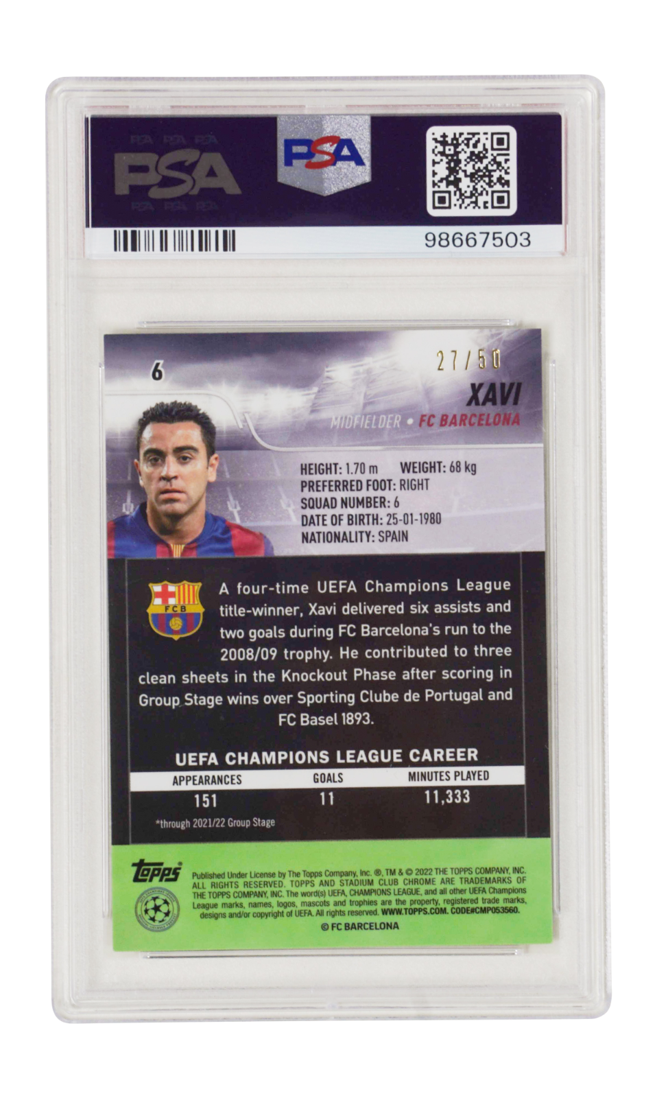 Xavi Signed 2021-22 Topps Stadium Club Chrome Gold Refractor /50 – PSA 8 Autograph 10