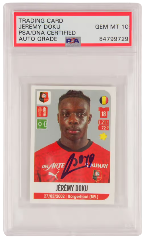 Jeremy Doku Signed 2020-21 Panini Foot Sticker #468 – PSA 10 Autograph