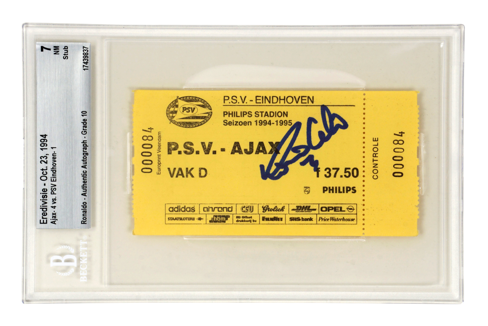 Ronaldo Nazario Signed 1994 PSV Rookie Season Match Ticket – BGS 7