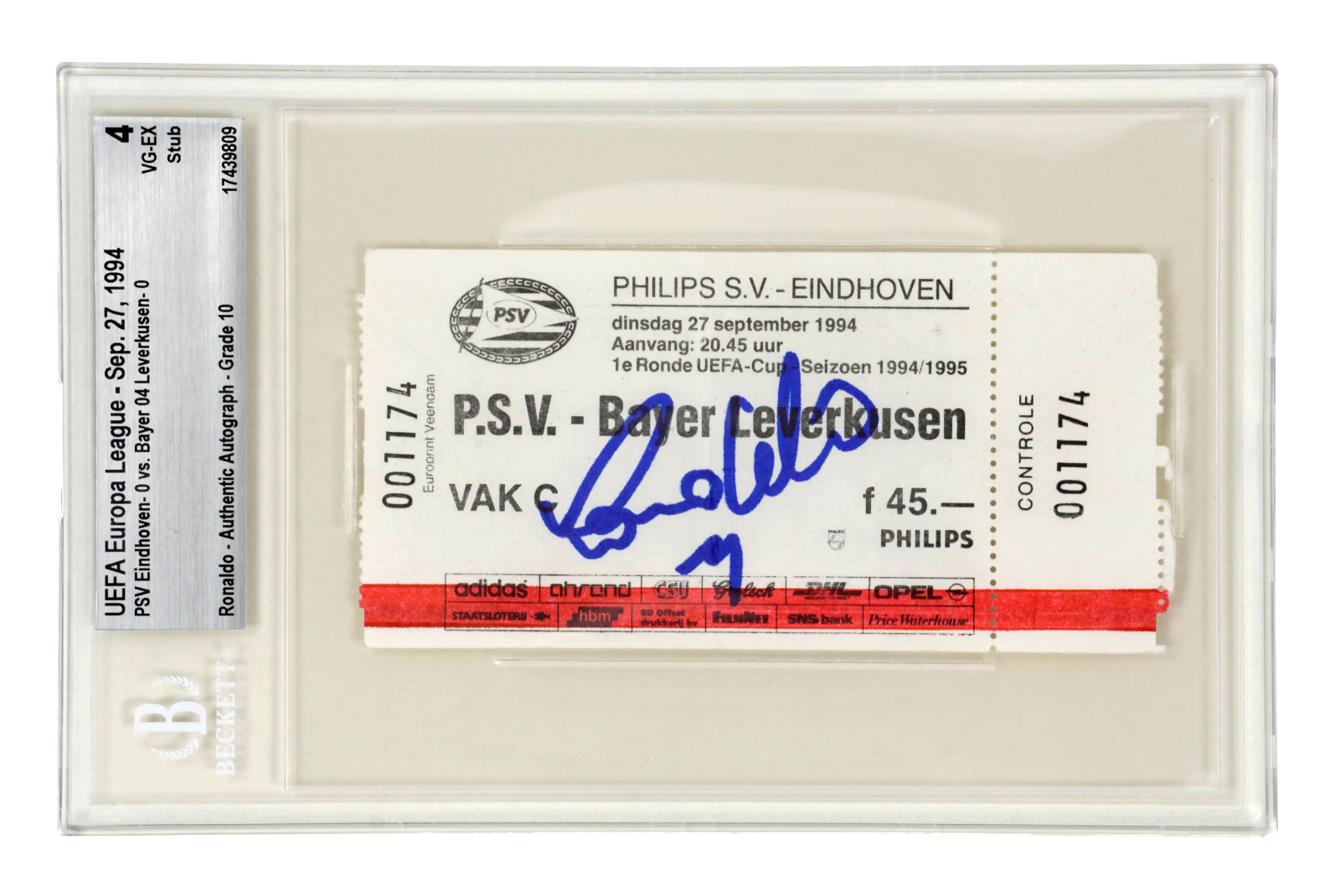 Ronaldo Nazario Signed 1994 PSV Rookie Season Match Ticket – BGS 4