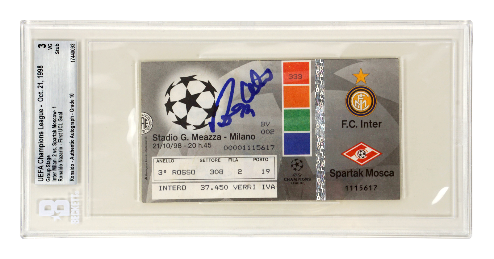 Ronaldo Nazario Signed 1998 First Champions League Goal Match Ticket – BGS 3