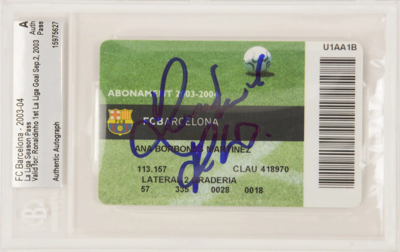 Ronaldinho Signed 2003 Barcelona First La Liga Goal Season Pass – BGS Authentic