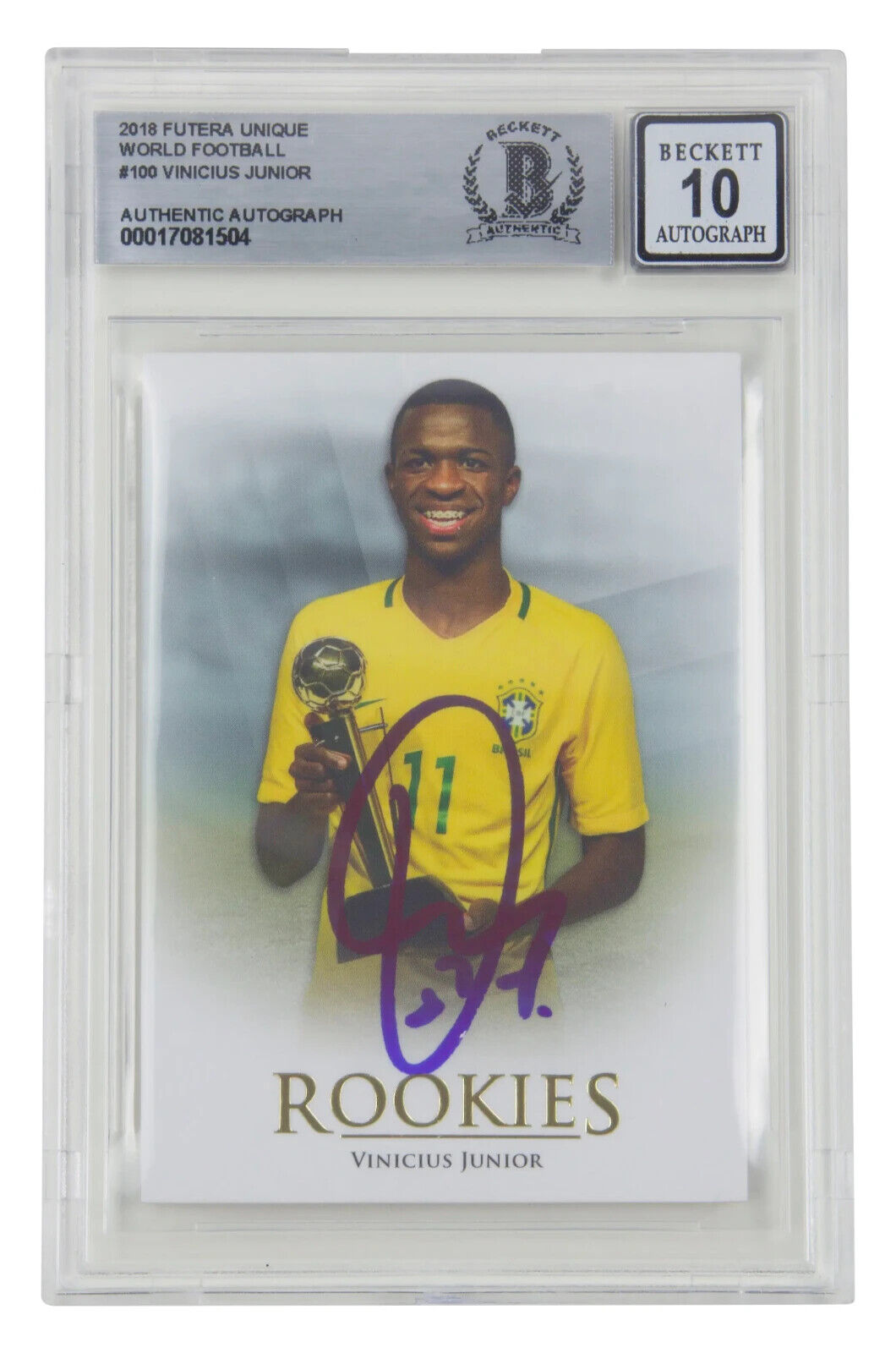 Vinicius Jr Signed 2018 Futera Unique World #100 Rookies Card – BGS 10