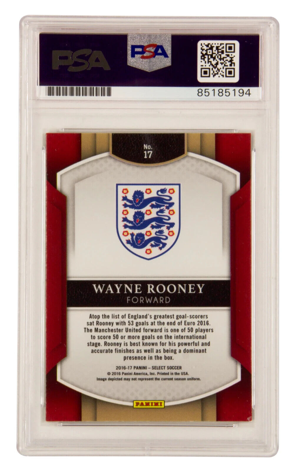 Wayne Rooney Signed 2016-17 Panini Select Soccer Prizm #17 – PSA 10 Autograph