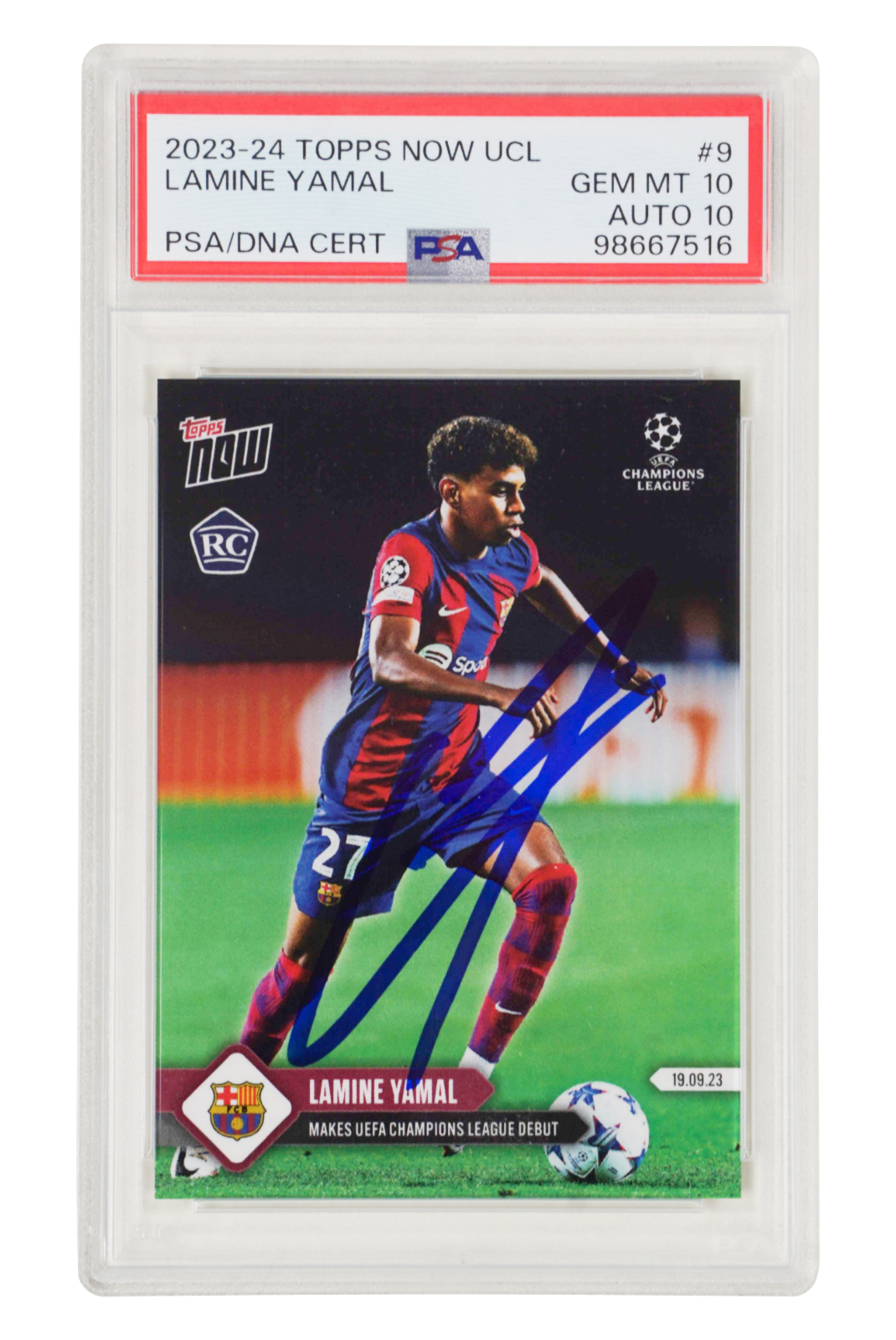 Lamine Yamal Signed 2023-24 Topps Now UCL #9 Rookie Card – PSA 10 Autograph 10