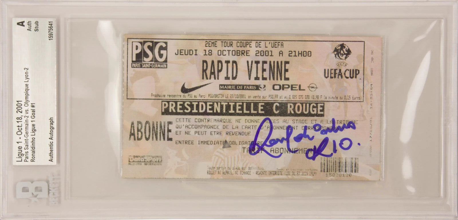 Ronaldinho Signed 2001 PSG First Ligue 1 Goal Match Ticket – BGS Authentic