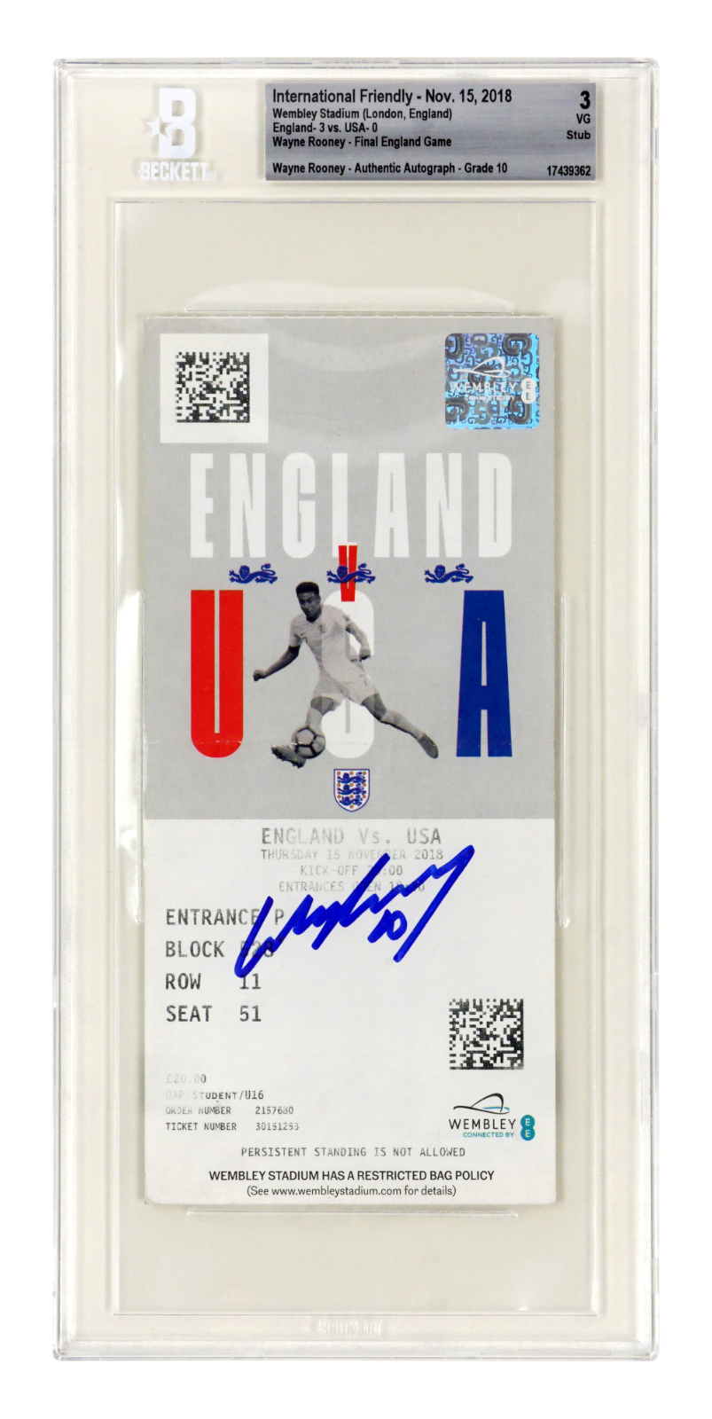 Wayne Rooney Signed 2018 Final England Game Goodbye Match Ticket – BGS 3