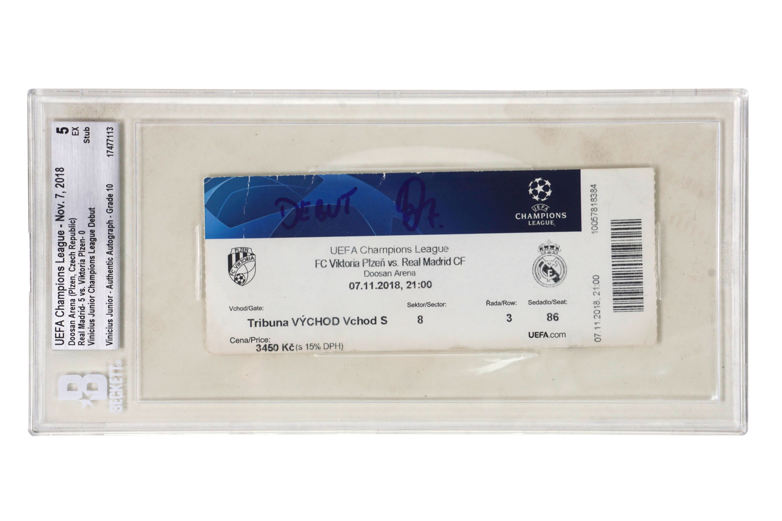 Vinicius Jr Signed 2018 Champions League Debut Match Ticket Inscribed – BGS 5