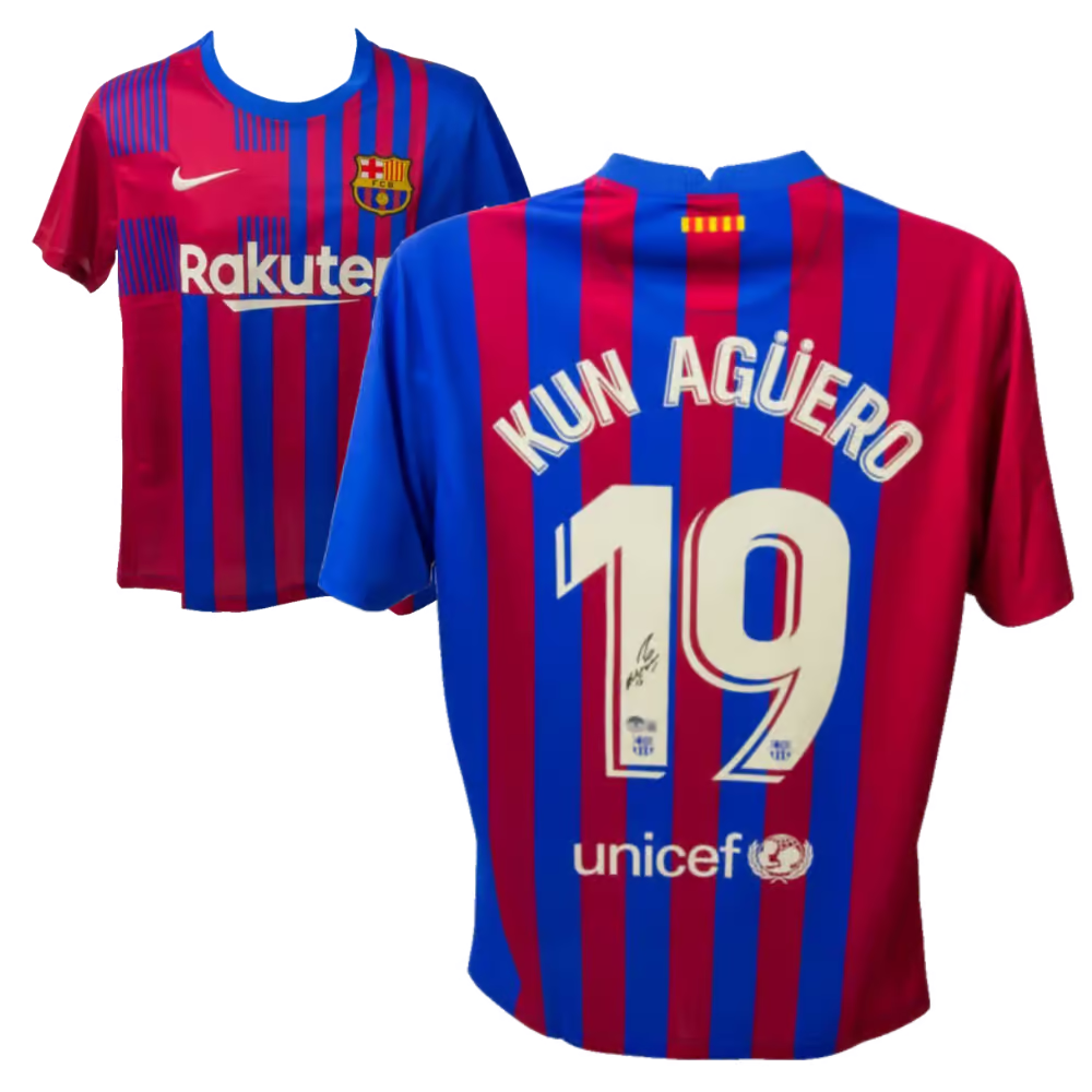 Sergio Aguero Signed FC Barcelona Home Soccer Jersey #19 with Beckett COA