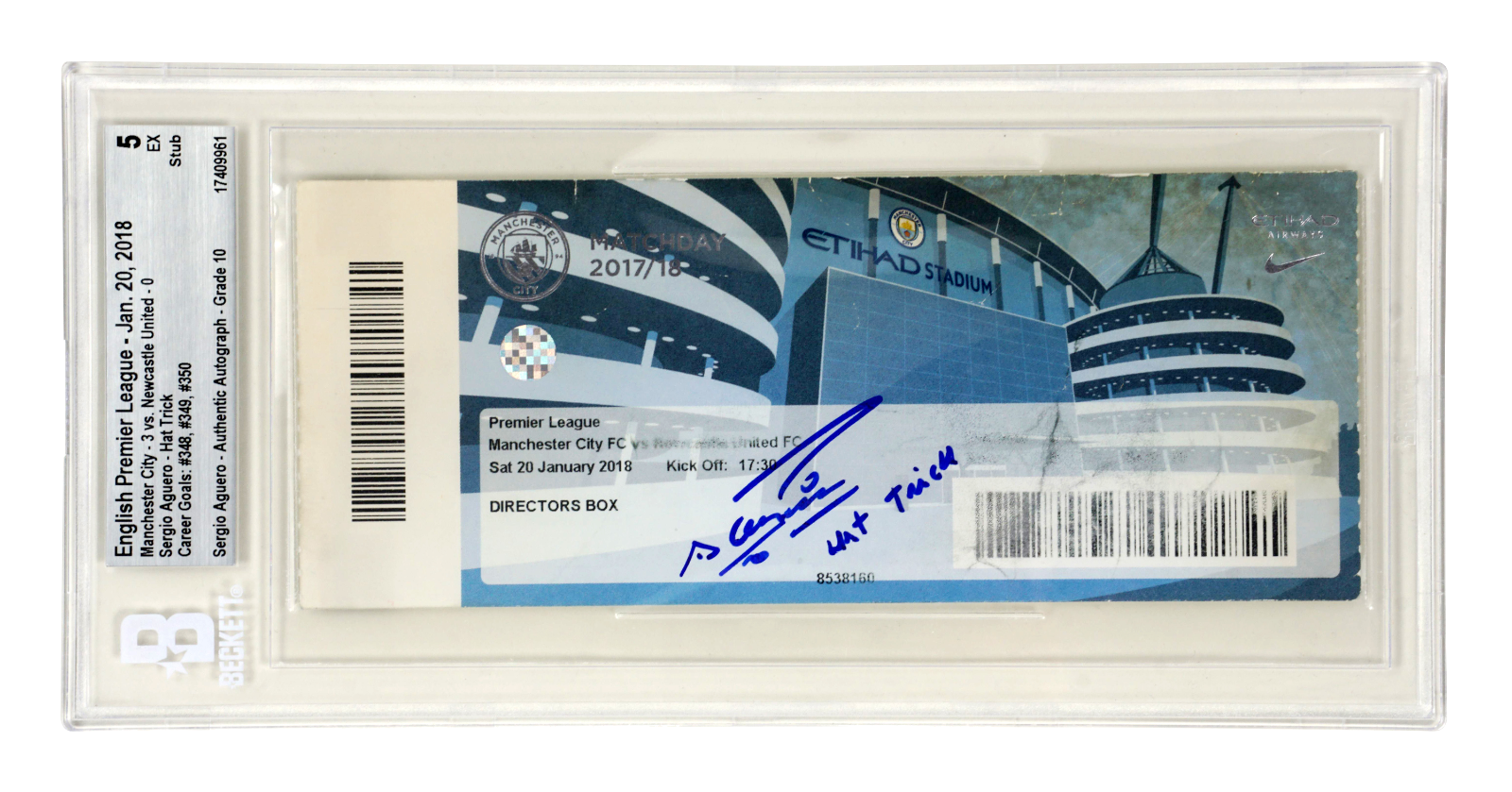 Sergio Aguero Signed 2018 350th Career Goal Match Ticket Inscribed – BGS 5