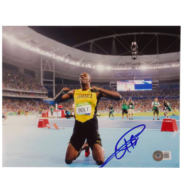 Usain Bolt Signed 100m Olympic Final Print Size 8″ x 10″ with Beckett COA