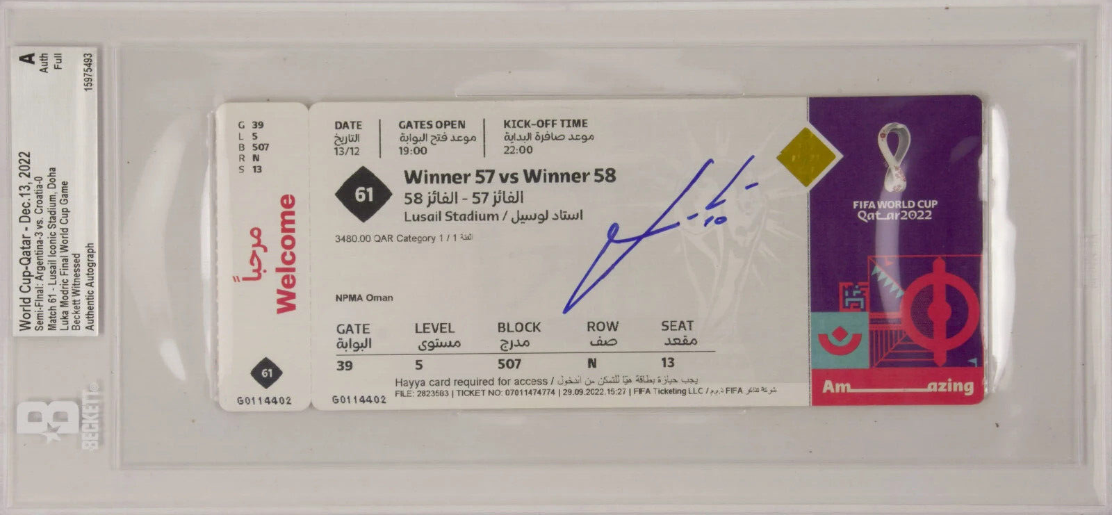 Luka Modric Signed 2022 World Cup Semi Final Match Ticket – BGS Authentic