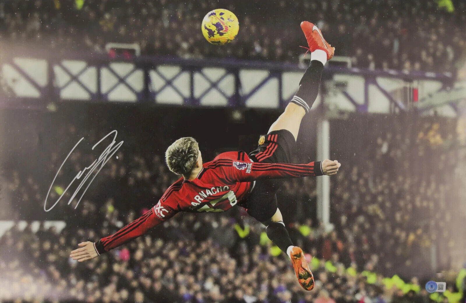 Garnacho Signed Overhead Kick Soccer Print Size 16″ x 24″ with Beckett COA