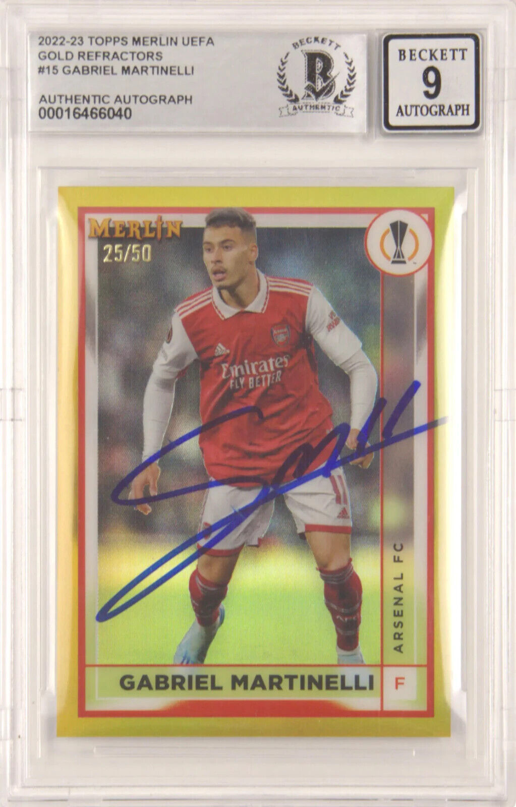 Gabriel Martinelli Signed 2022-23 Topps Merlin Chrome Gold /50 – BGS 9 Autograph