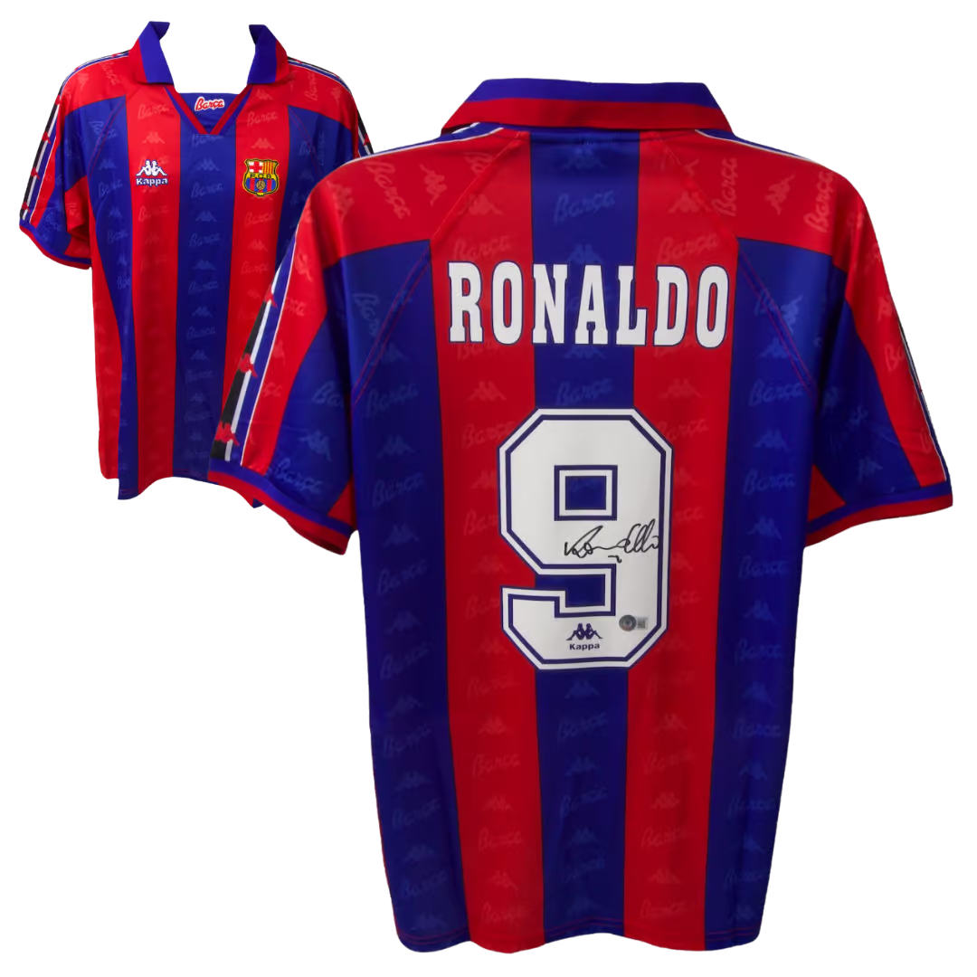 Ronaldo Nazario Signed FC Barcelona Home Soccer Jersey #9 with Beckett COA