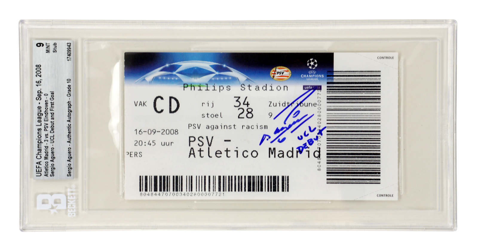 Sergio Aguero Signed 2008 UCL Debut & First Goal Match Ticket Inscribed – BGS 9