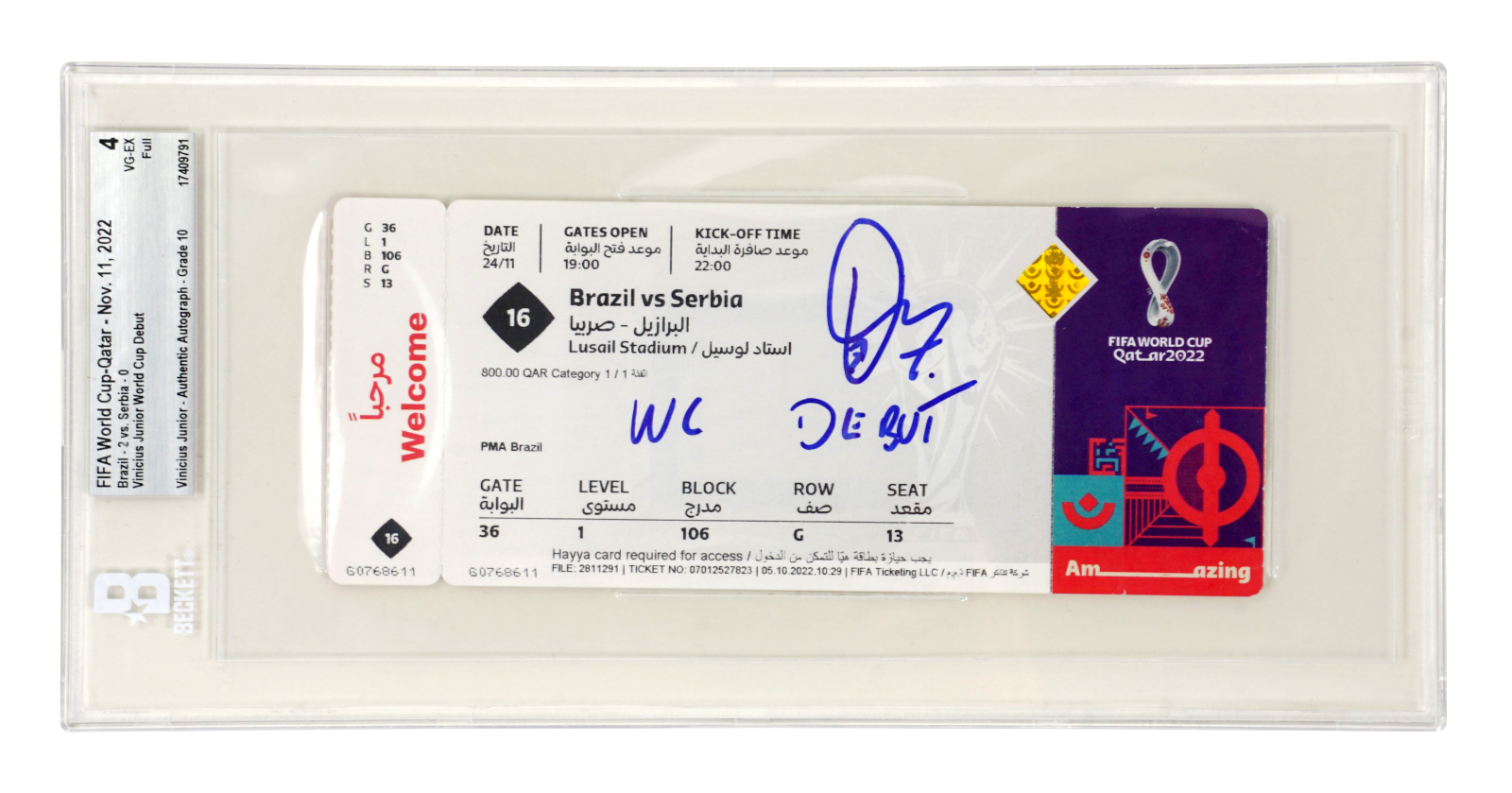 Vinicius Jr Signed 2022 FIFA World Cup Debut Match Ticket Inscribed – BGS 4