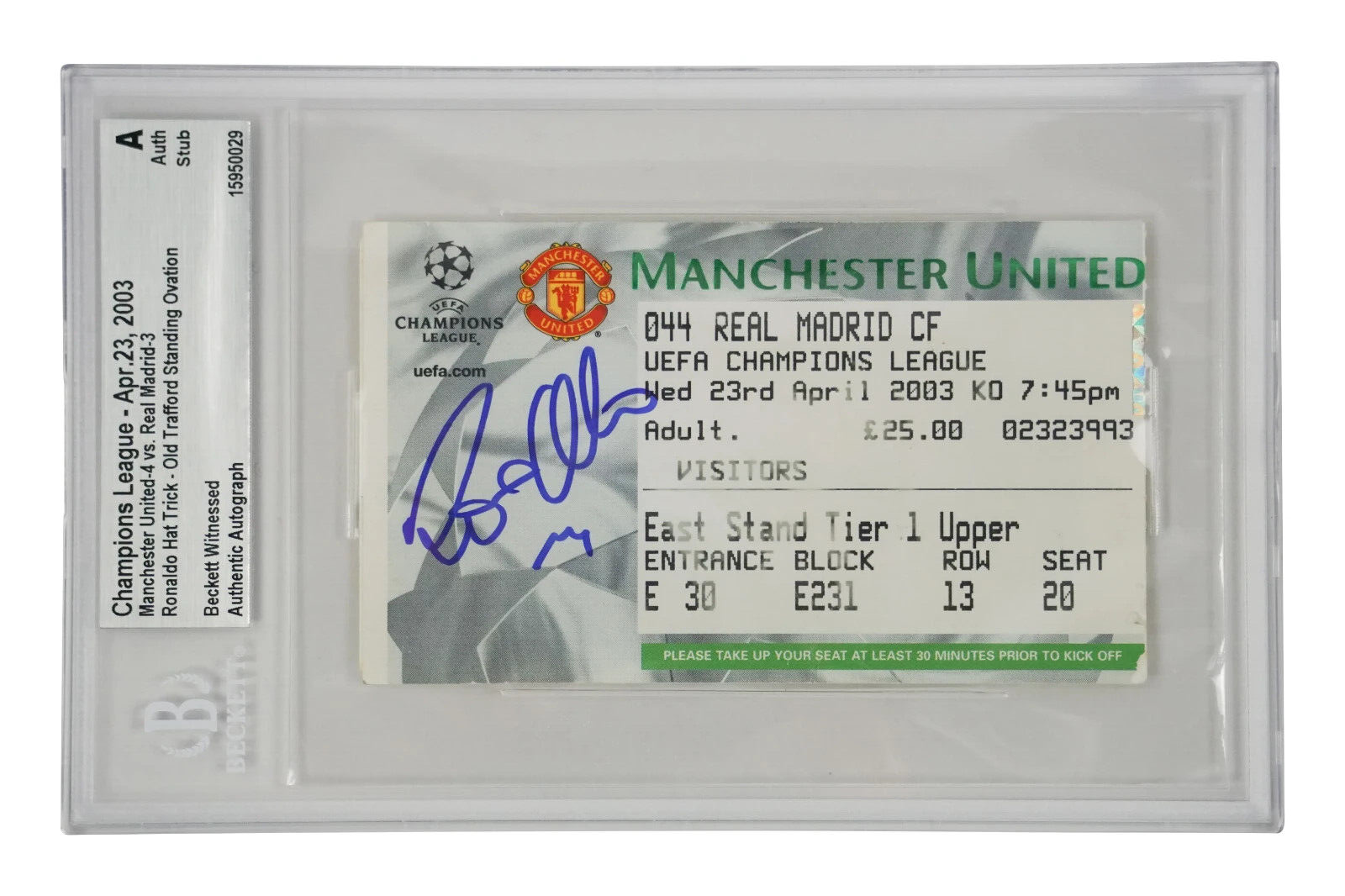 Ronaldo Nazario Signed 2003 UCL 3 Goals at Man Utd Match Ticket – BGS Authentic