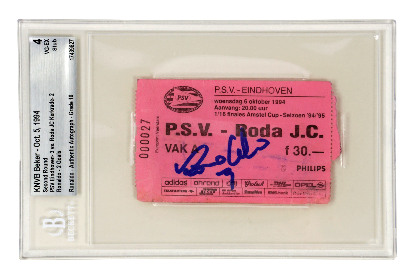 Ronaldo Nazario Signed 1994 PSV Rookie Season 2 Goals Match Ticket – BGS 4