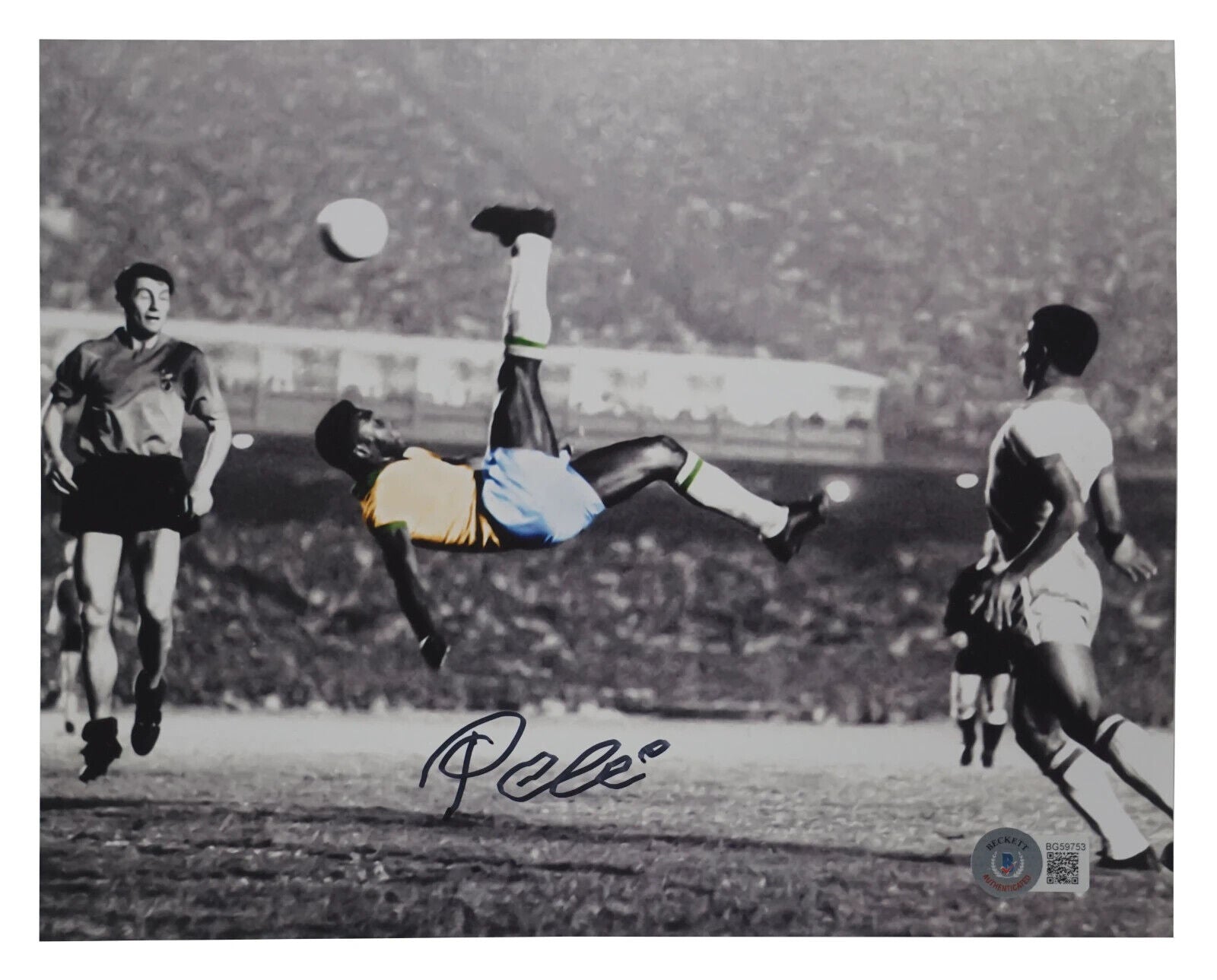 Pele Signed Iconic Overhead Kick Soccer Print Size 8″ x 10″ with Beckett COA