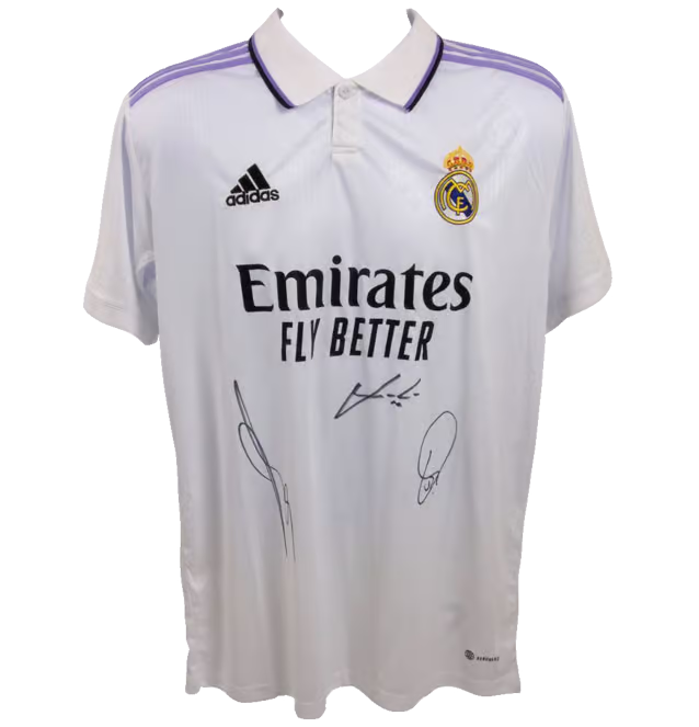 Vinicius Jr, Benzema & Modric Signed Real Madrid Soccer Jersey with Beckett COA