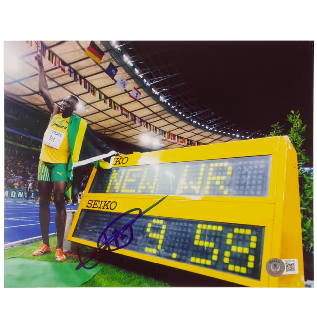 Usain Bolt Signed 100m Olympic Final Print Size 8″ x 10″ with Beckett COA