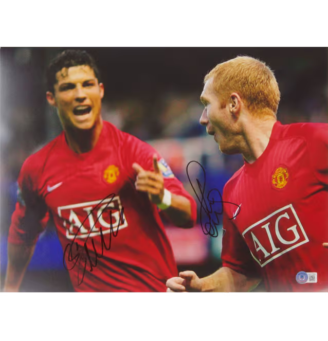 Cristiano Ronaldo & Scholes Signed Soccer Print Size 12″ x 16″ with Beckett COA