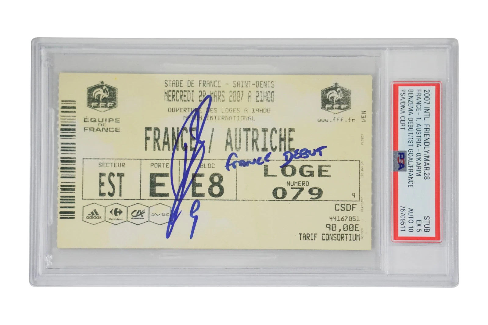 Karim Benzema Signed 2007 France Debut Ticket Inscribed France Debut – PSA 5