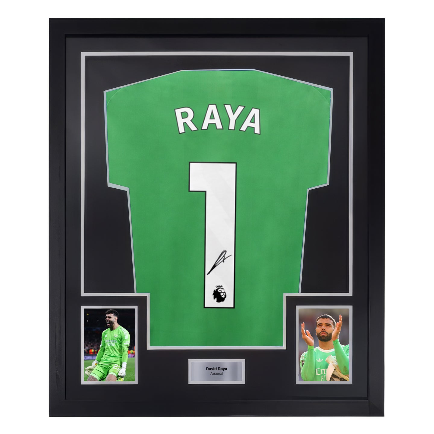 Framed David Raya Signed Arsenal Goalkeeper Away Soccer Jersey #1 with Beckett COA