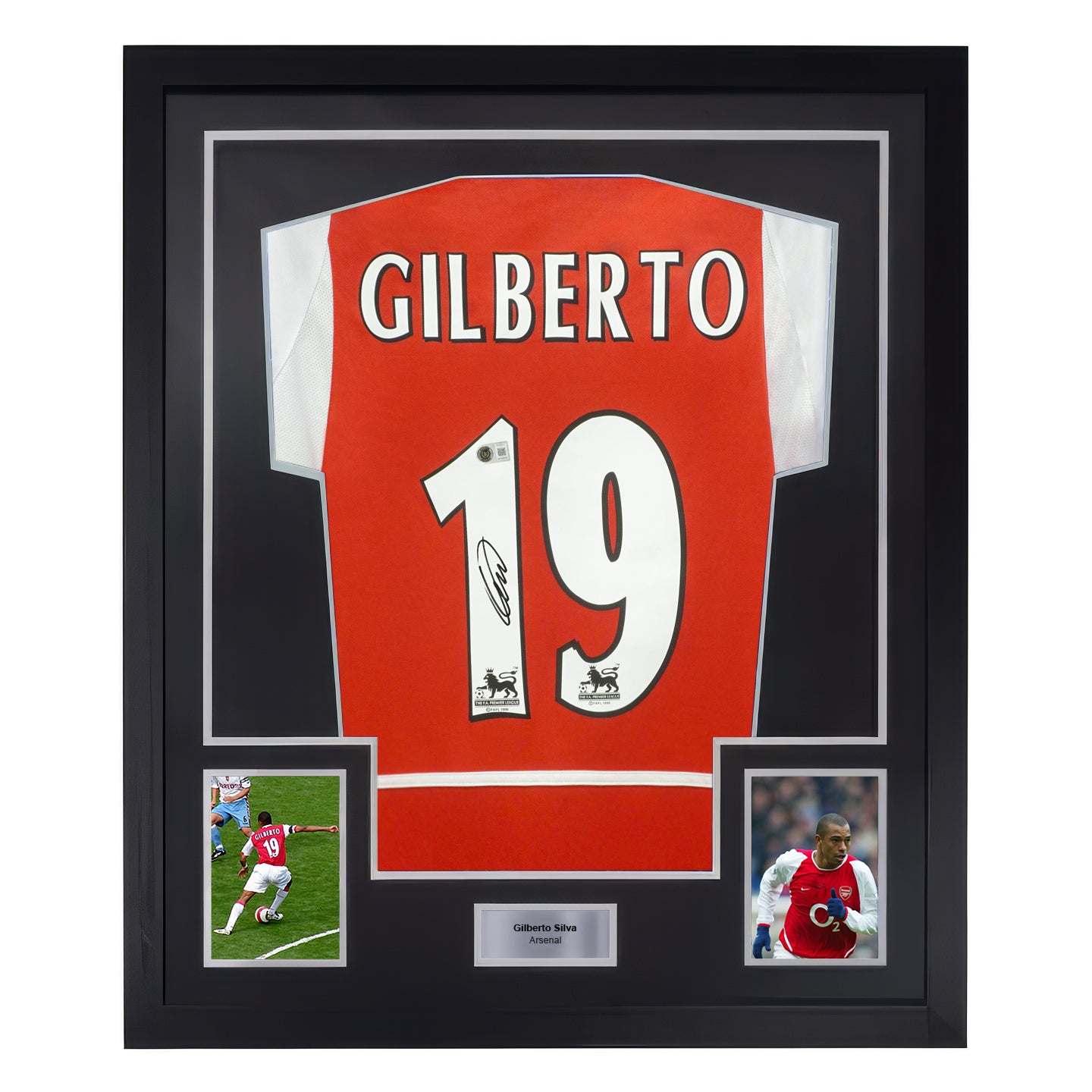 Framed Gilberto Silva Signed Arsenal Soccer Jersey #19 with Beckett COA
