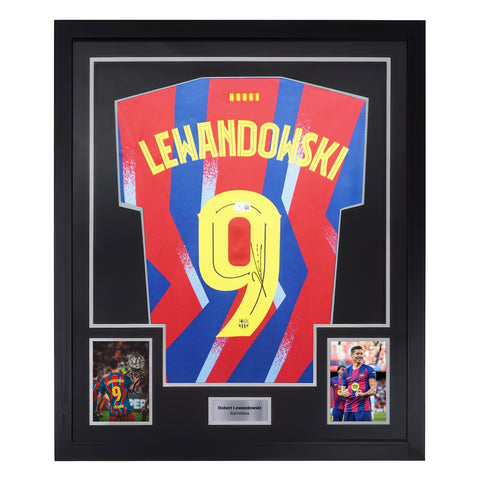 Framed Robert Lewandowski Signed FC Barcelona Home Soccer Jersey #9 with Beckett COA