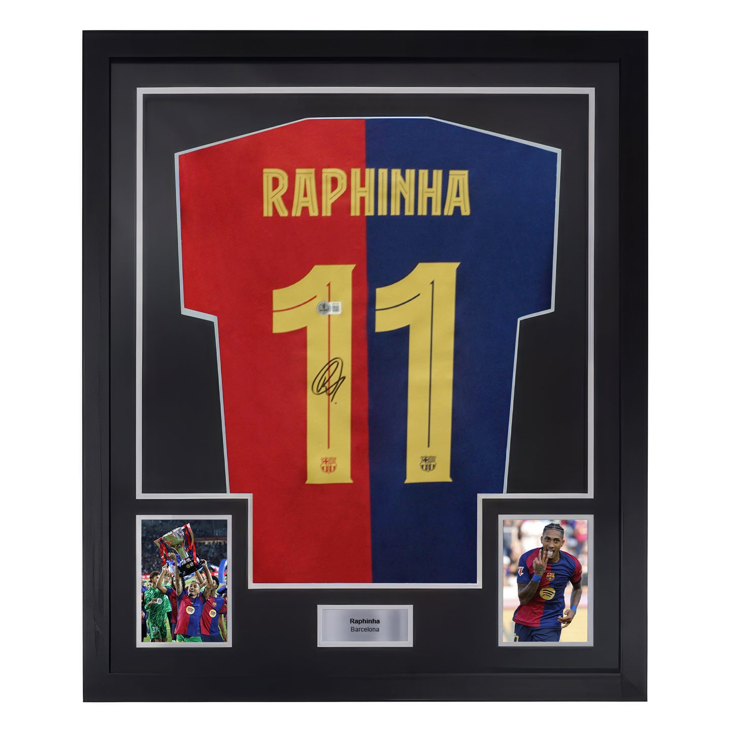Framed Raphinha Signed FC Barcelona Home Soccer Jersey #11 with Beckett COA