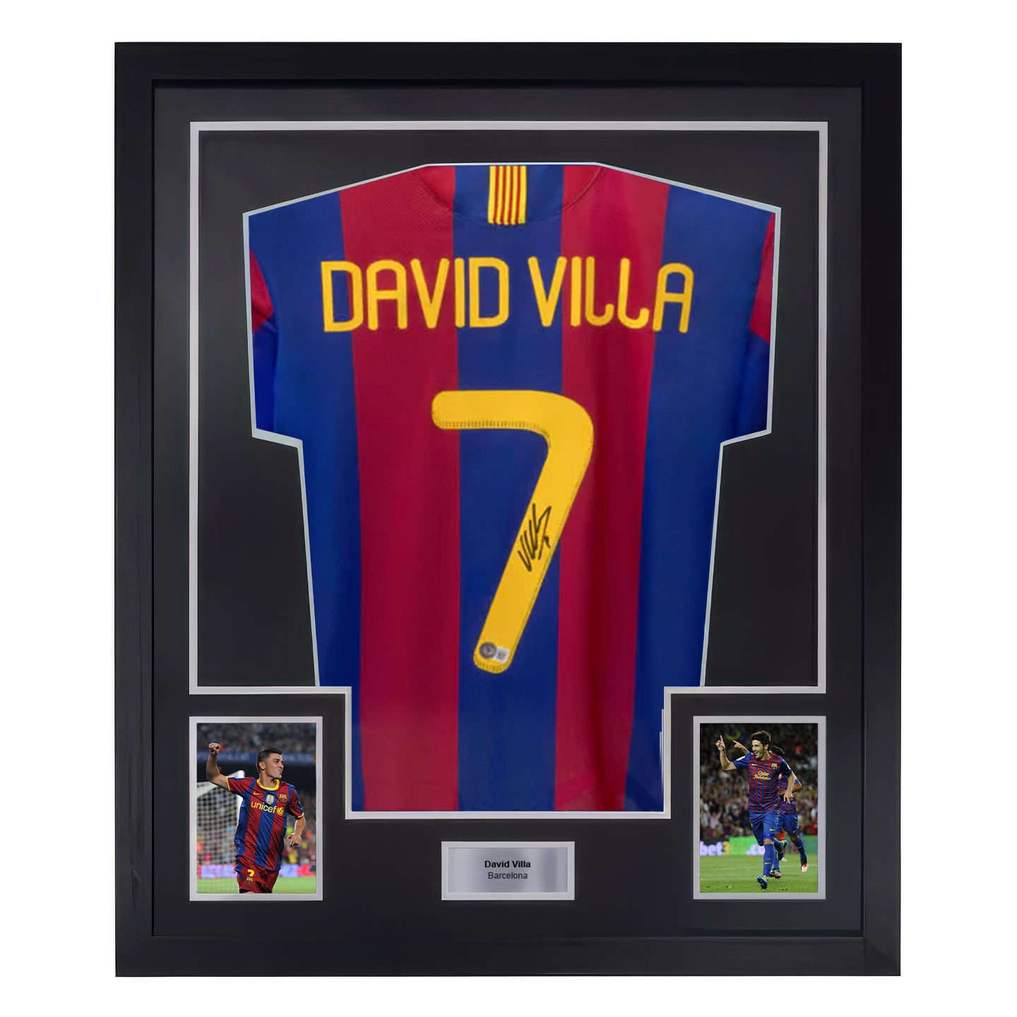 Framed David Villa Signed FC Barcelona Home Soccer Jersey #7 with Beckett COA