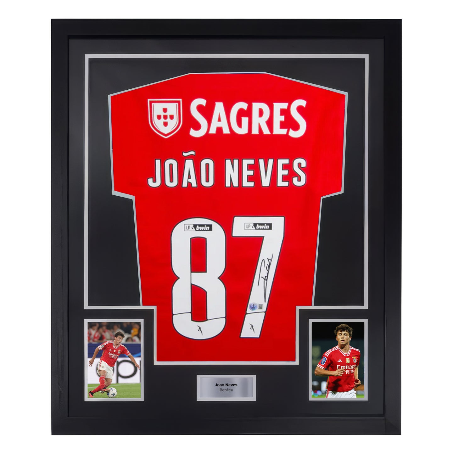 Framed Joao Neves Signed Benfica Home Soccer Jersey #87 with Beckett Witness