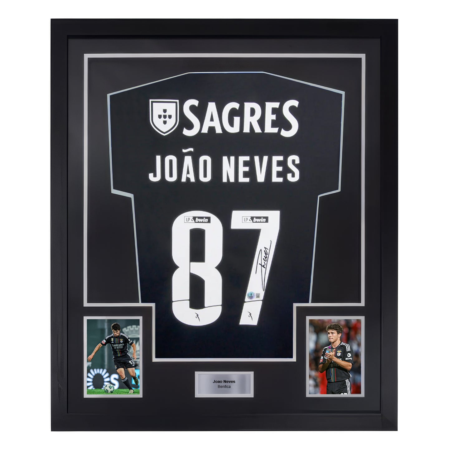 Framed Joao Neves Signed Benfica Away Soccer Jersey #87 with Beckett Witness