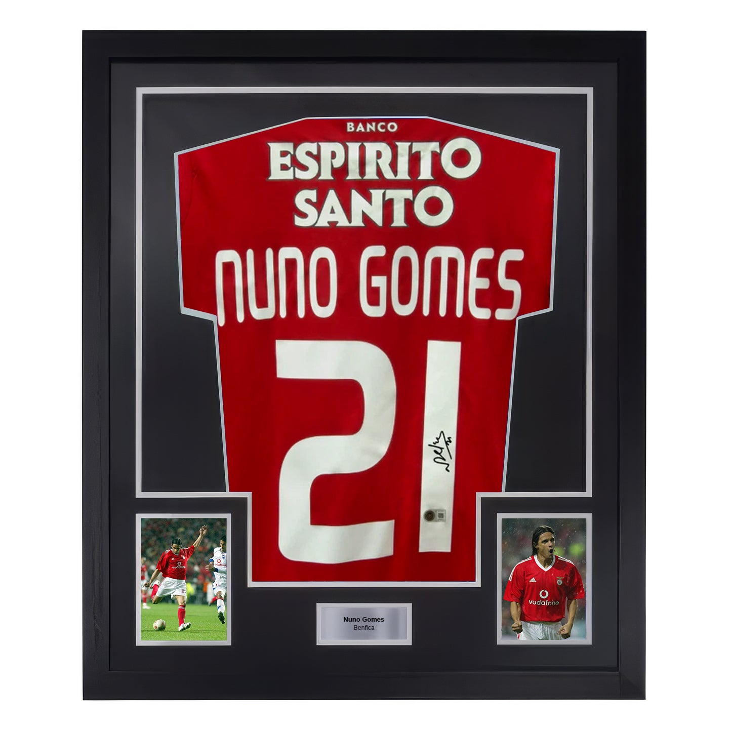 Nuno Gomes Signed Benfica FC Soccer Jersey #21 Framed with Beckett COA