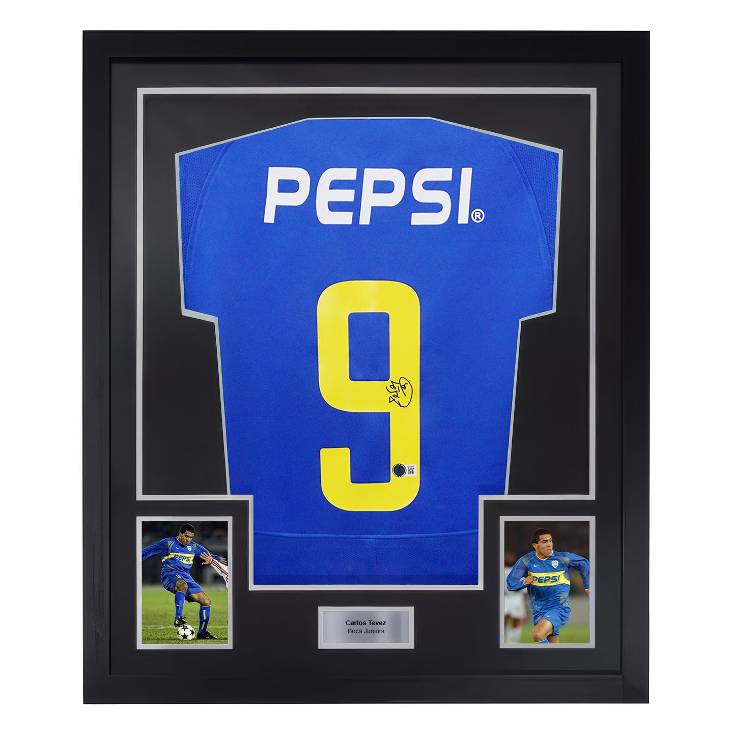 Framed Carlos Tevez Signed Boca Juniors Soccer Jersey #9 with Beckett Witness