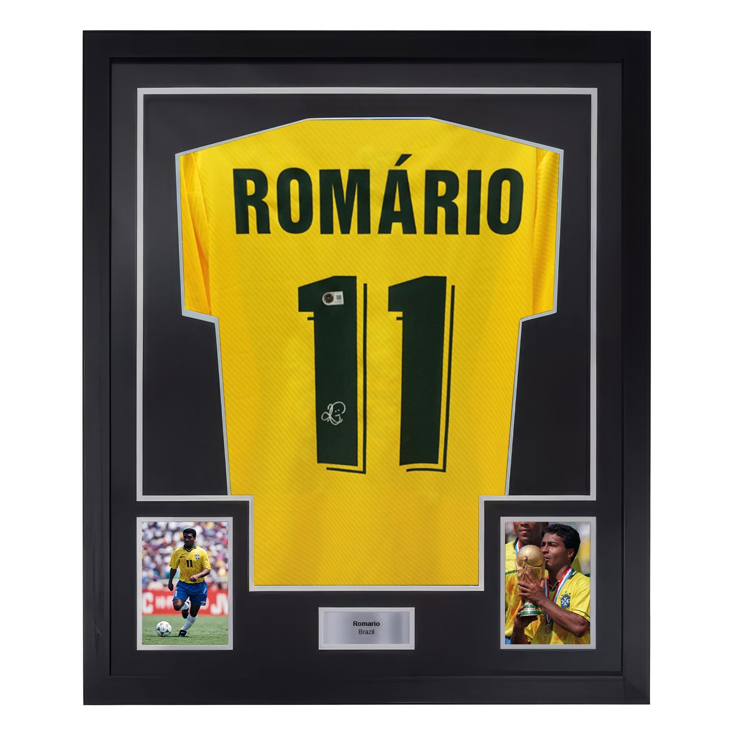 Framed Romario Signed Brazil FC Home Soccer Jersey #11 with Beckett COA