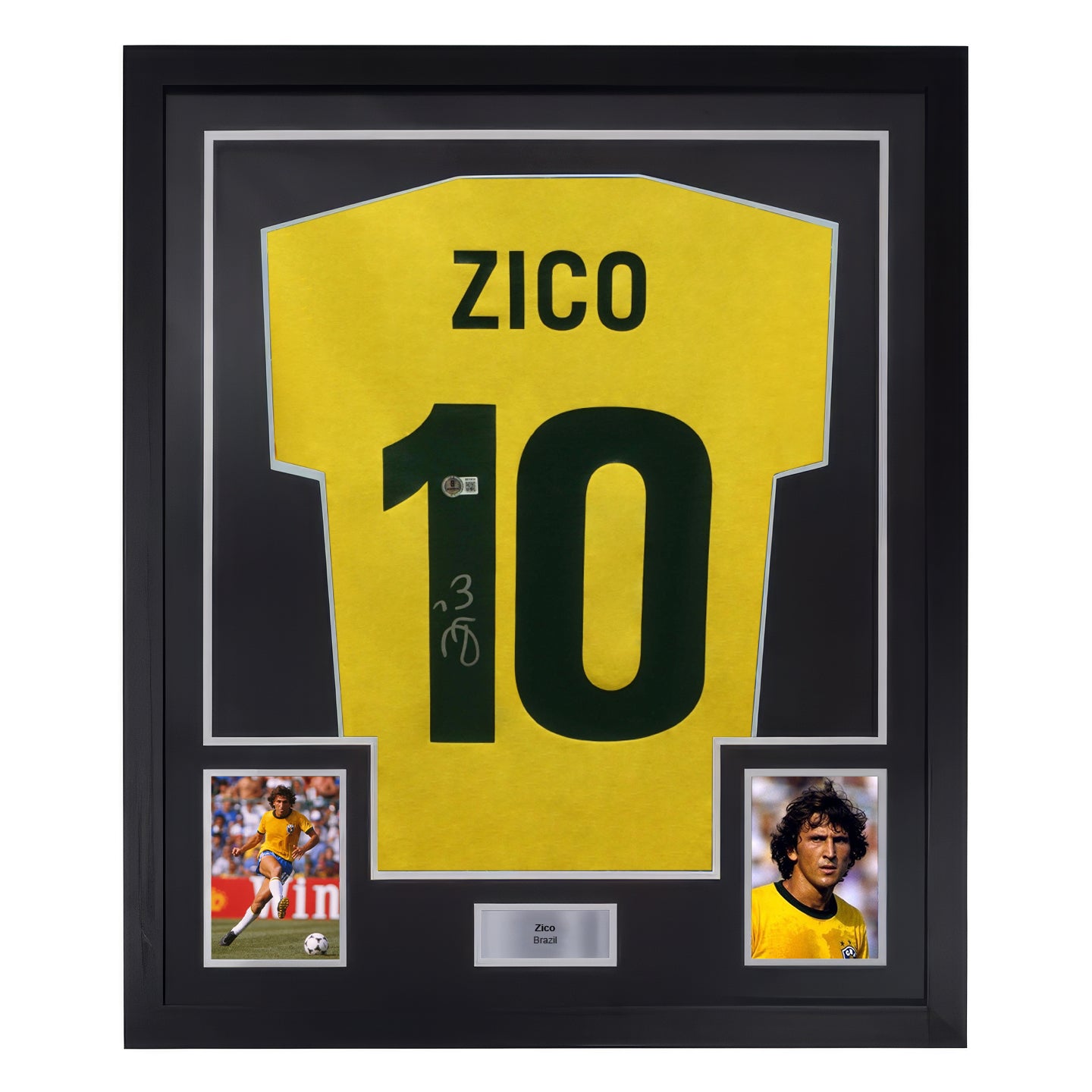 Framed Zico Signed Vintage Brazil FC Home Soccer Jersey #10 with Beckett COA