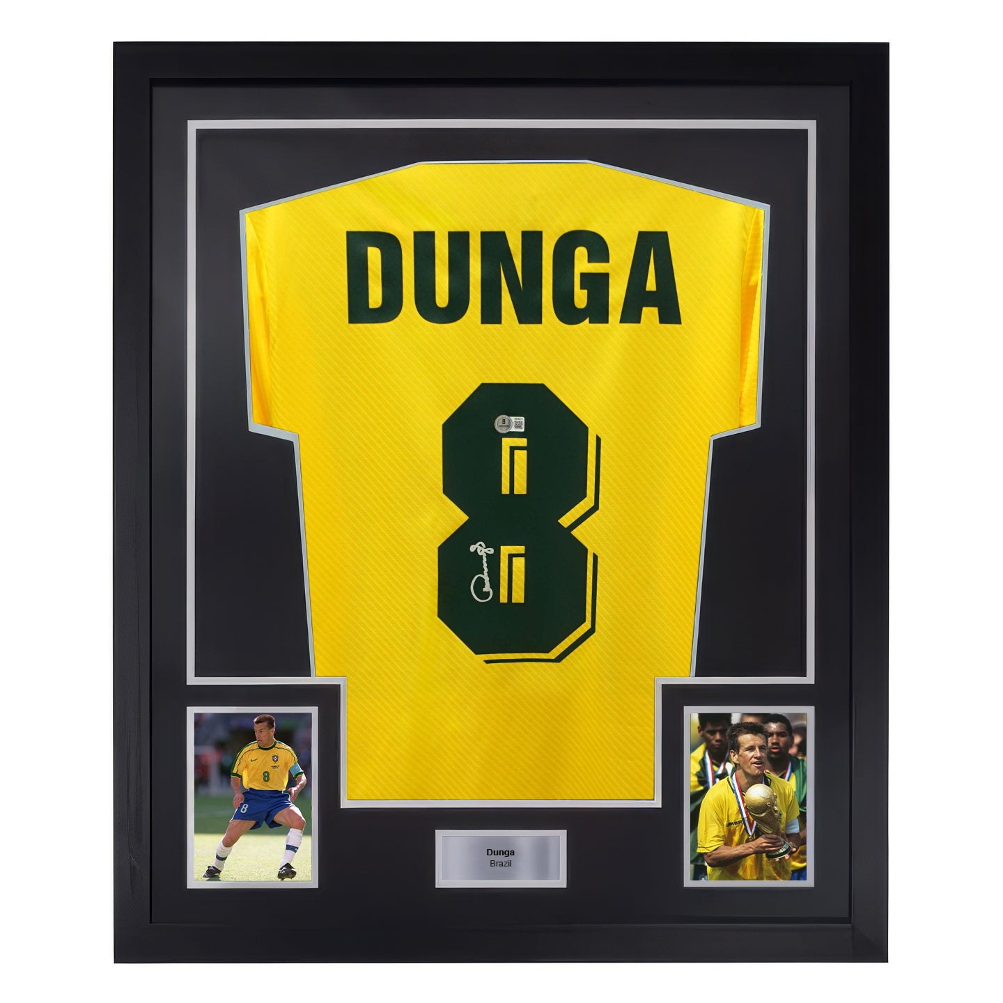 Framed Dunga Signed Brazil FC Home Soccer Jersey #8 with Beckett COA