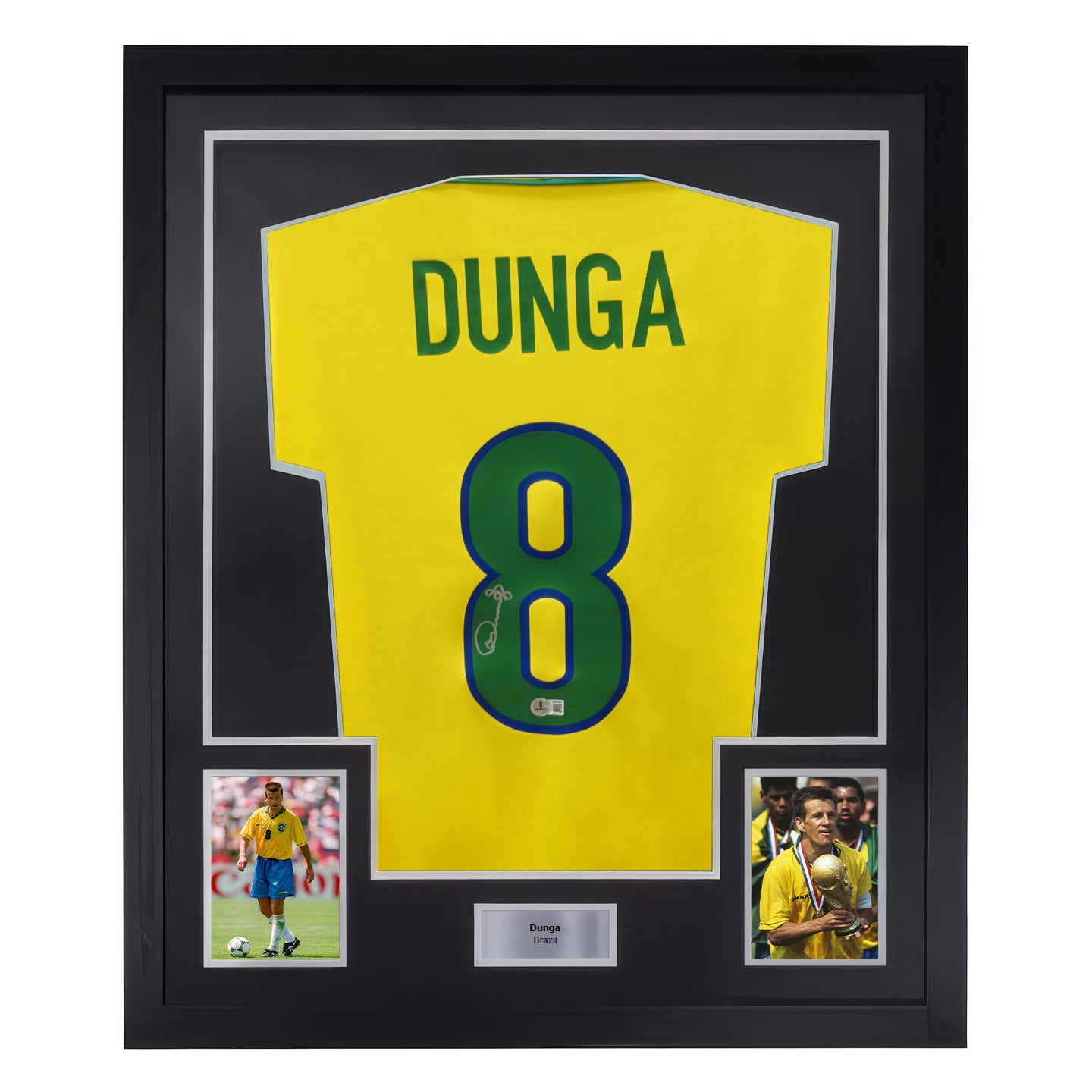 Framed Dunga Signed Brazil FC Soccer Jersey #8 with Beckett COA