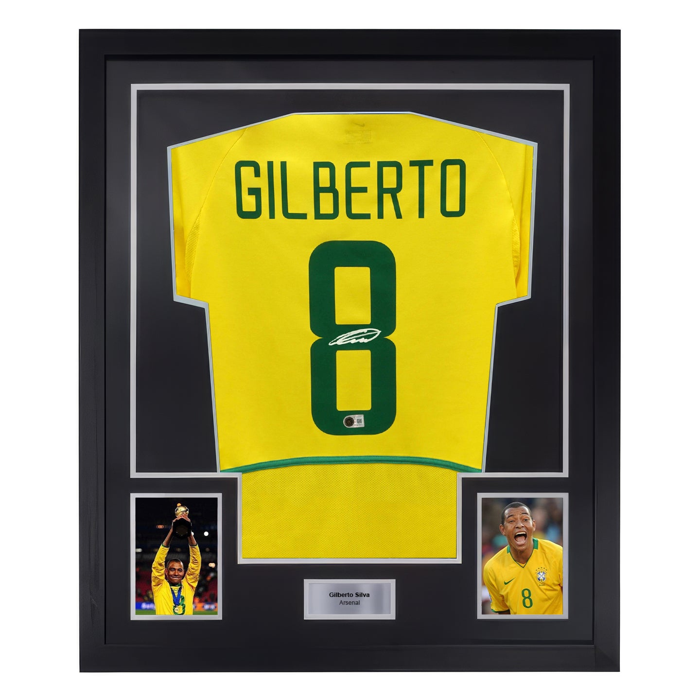 Framed Gilberto Silva Signed Brazil FC Away Soccer Jersey #8 with Beckett COA