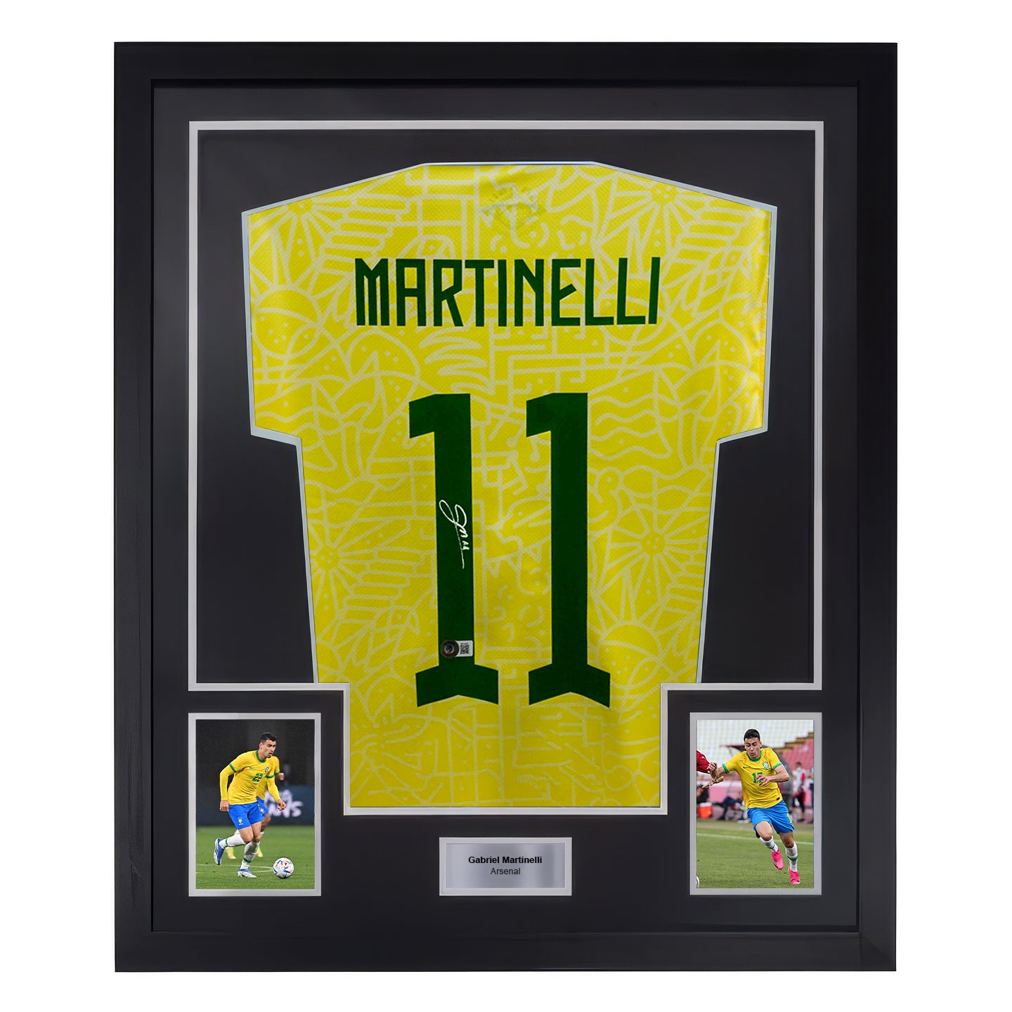 Framed Gabriel Martinelli Signed Brazil FC Home Soccer Jersey #11 with Beckett COA