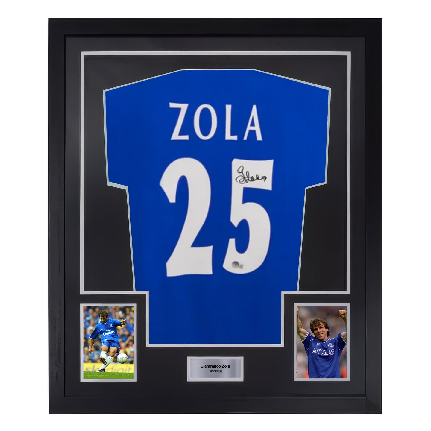 Framed Gianfranco Zola Signed Chelsea Home Soccer Jersey #25 with Beckett COA