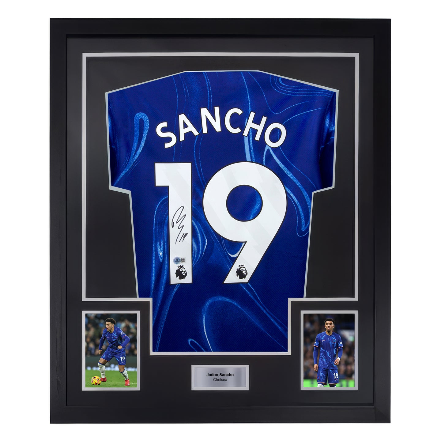 Framed Jadon Sancho Signed Chelsea FC Home Soccer Jersey #19 with Beckett COA