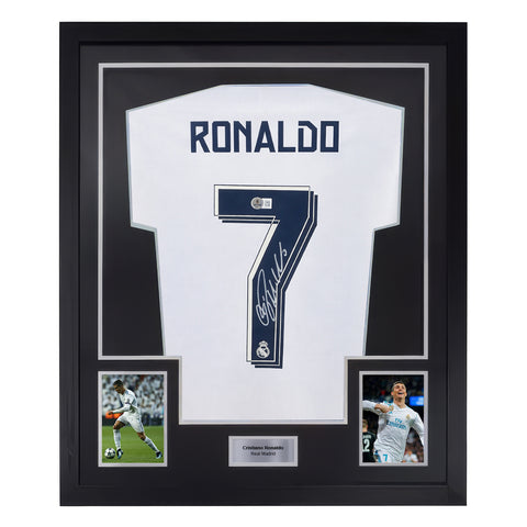 Framed Cristiano Ronaldo Signed Real Madrid Home Soccer Jersey #7 with Beckett COA