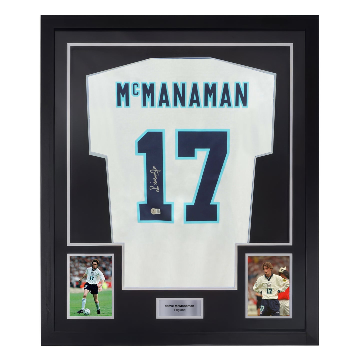 Framed Steve McManaman Signed England FC Home Soccer Jersey #17 with Beckett COA