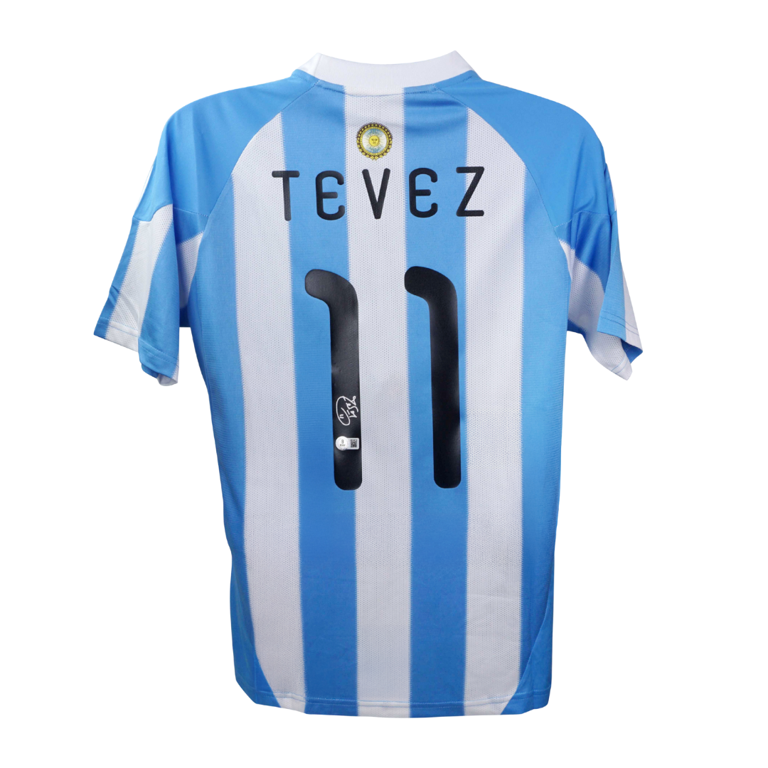 Carlos Tevez Signed Argentina Home Soccer Jersey #11 with Beckett Witness