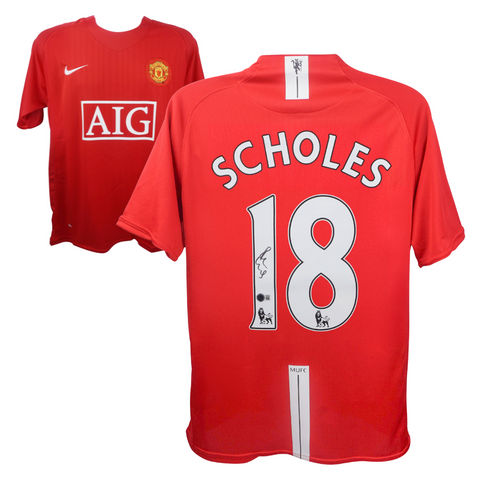 Paul Scholes Signed Manchester Utd Home Soccer Jersey #18 with Beckett Witness