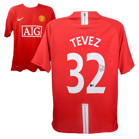 Carlos Tevez Signed Manchester Utd Home Soccer Jersey #32 with Beckett Witness
